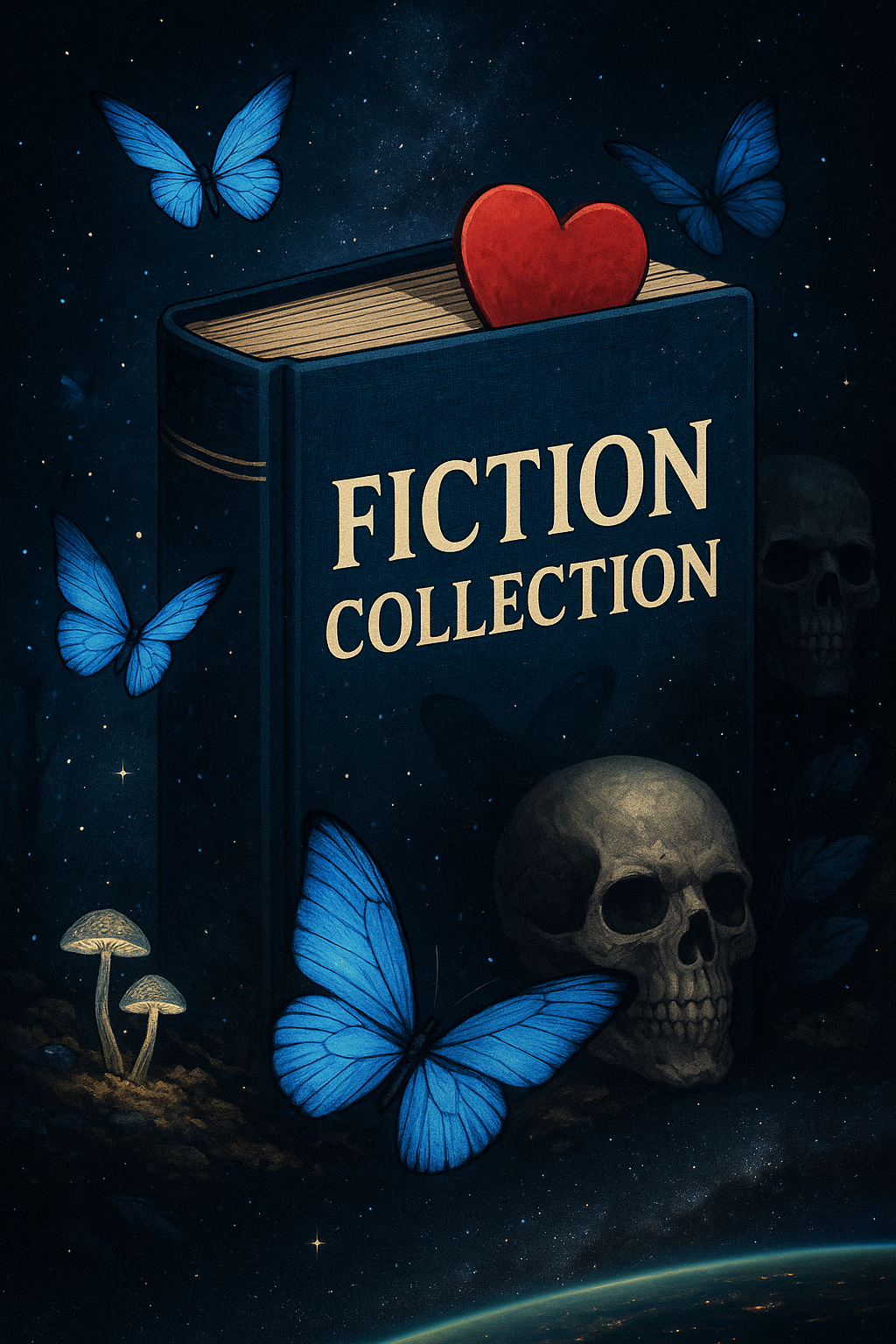 Illustrated cover for ARC Library’s Fiction Collection with a book, heart-shaped bookmark, butterflies, mushrooms, and a skull in a starry background.