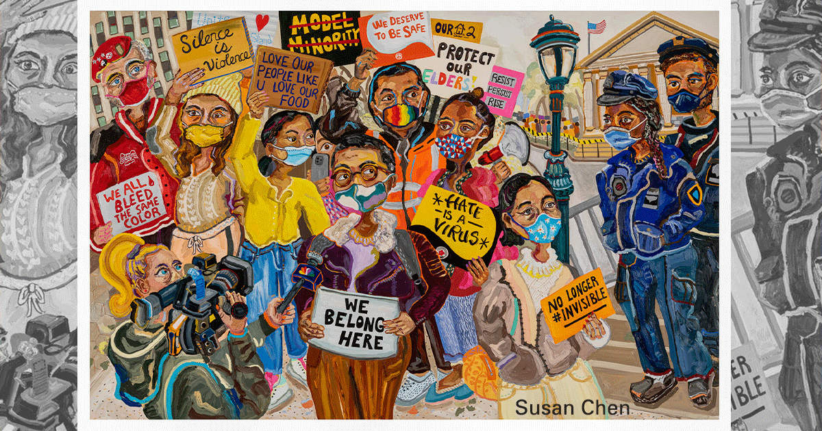 editorial cartoon depicting a protest by artist Susan Chen