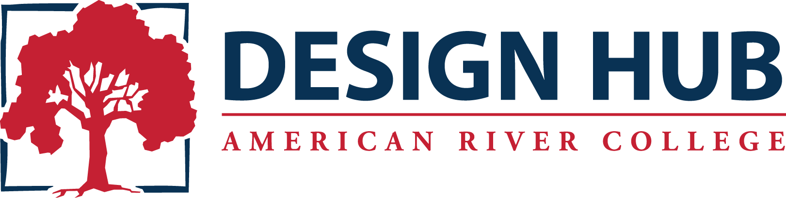 Design Hub American River College; logo with red and blue oak tree