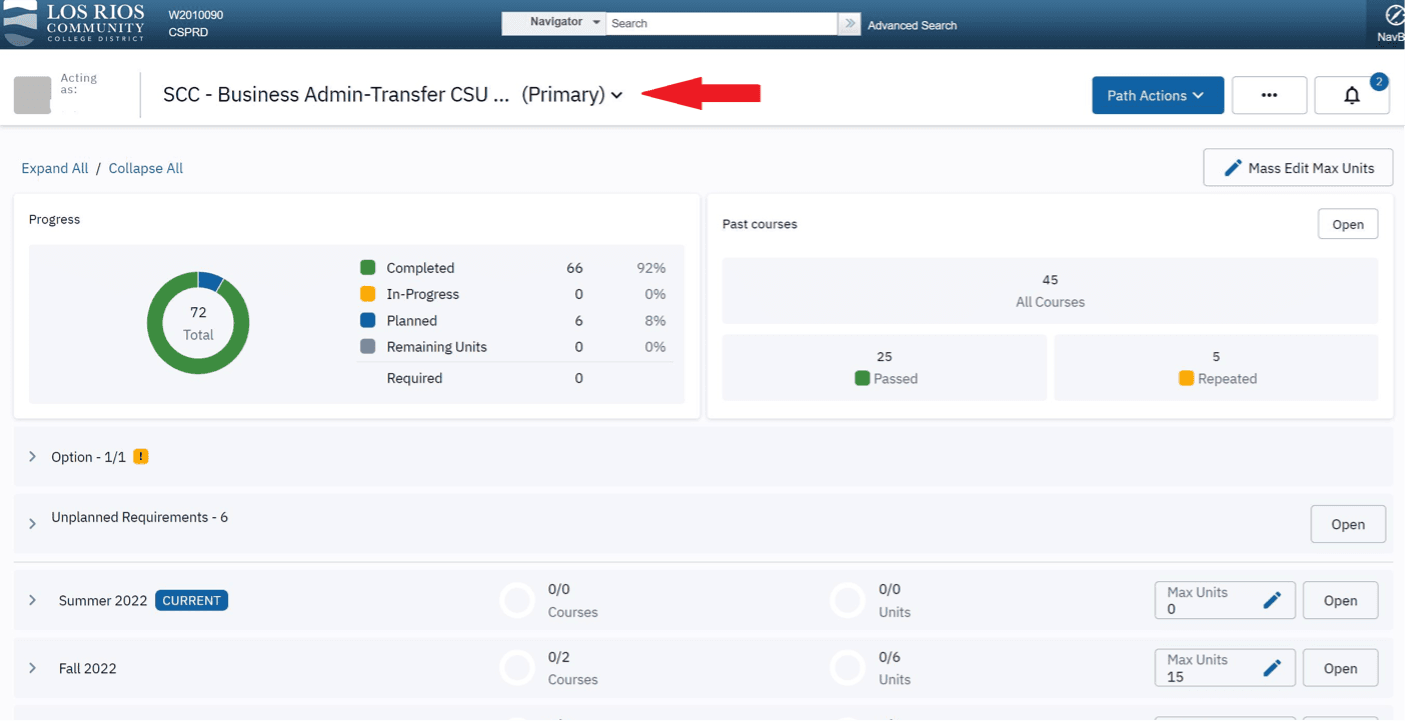 Screenshot of Degree Planner with top center area highlighted