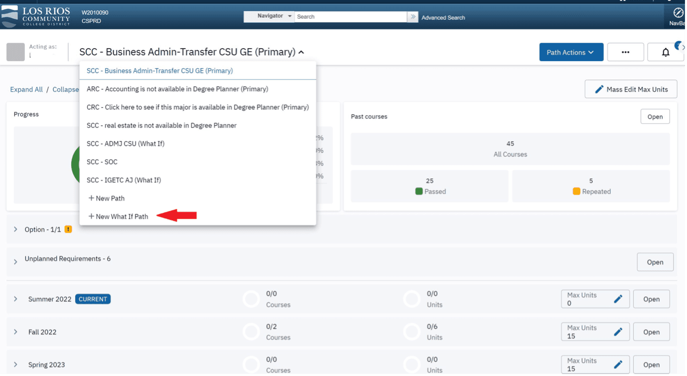 Screenshot of Degree Planner with New What If Path displayed