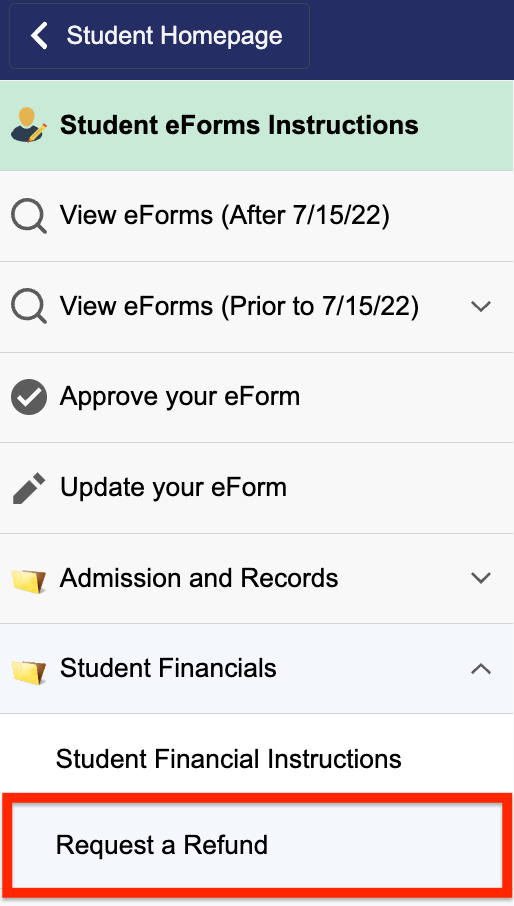 Screenshot of first page of Student eForms section with Student Financials and Request a Refund links highlighted